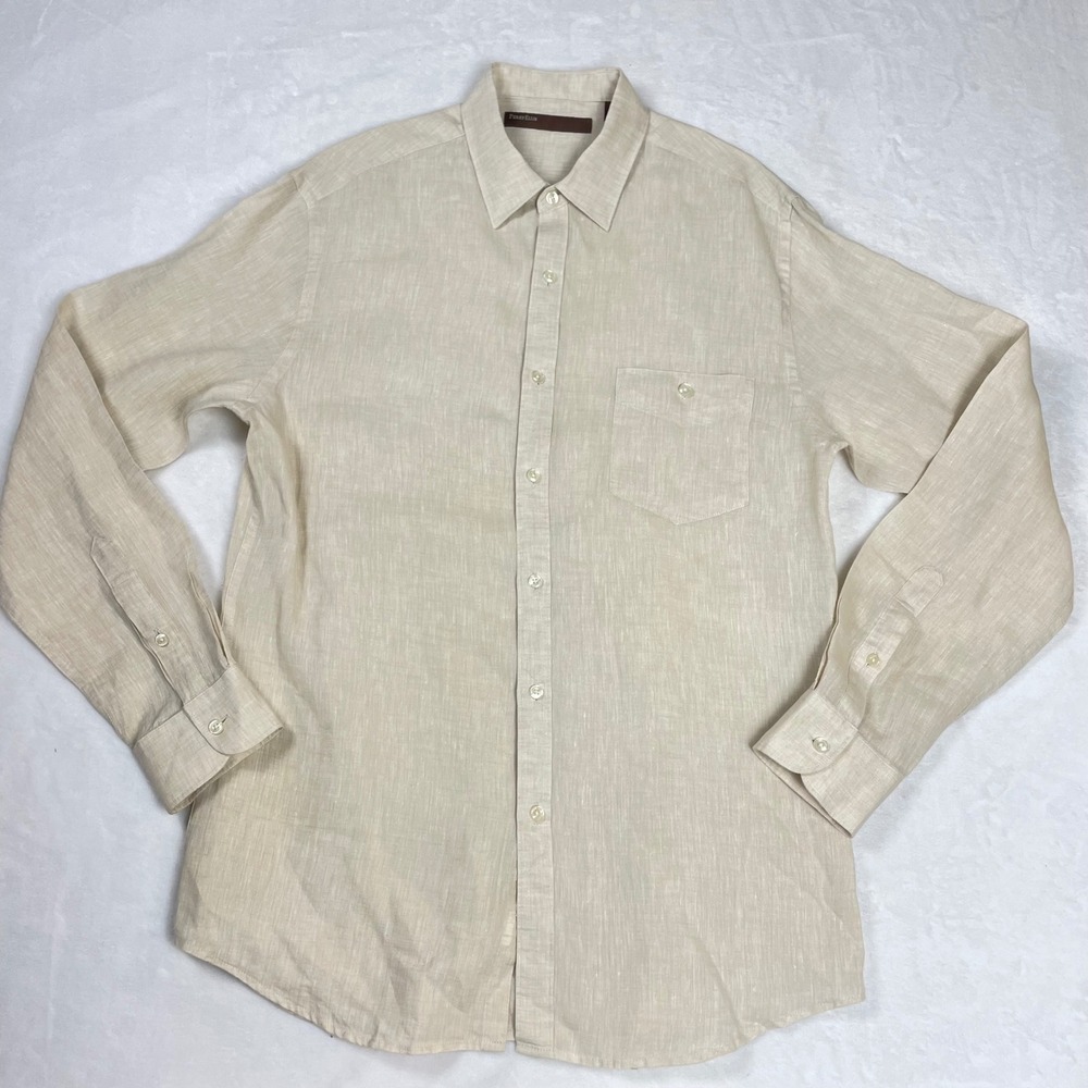 Perry Ellis Linen Shirt Men Medium Tan Beige Excellent Long Sleeve Button Down